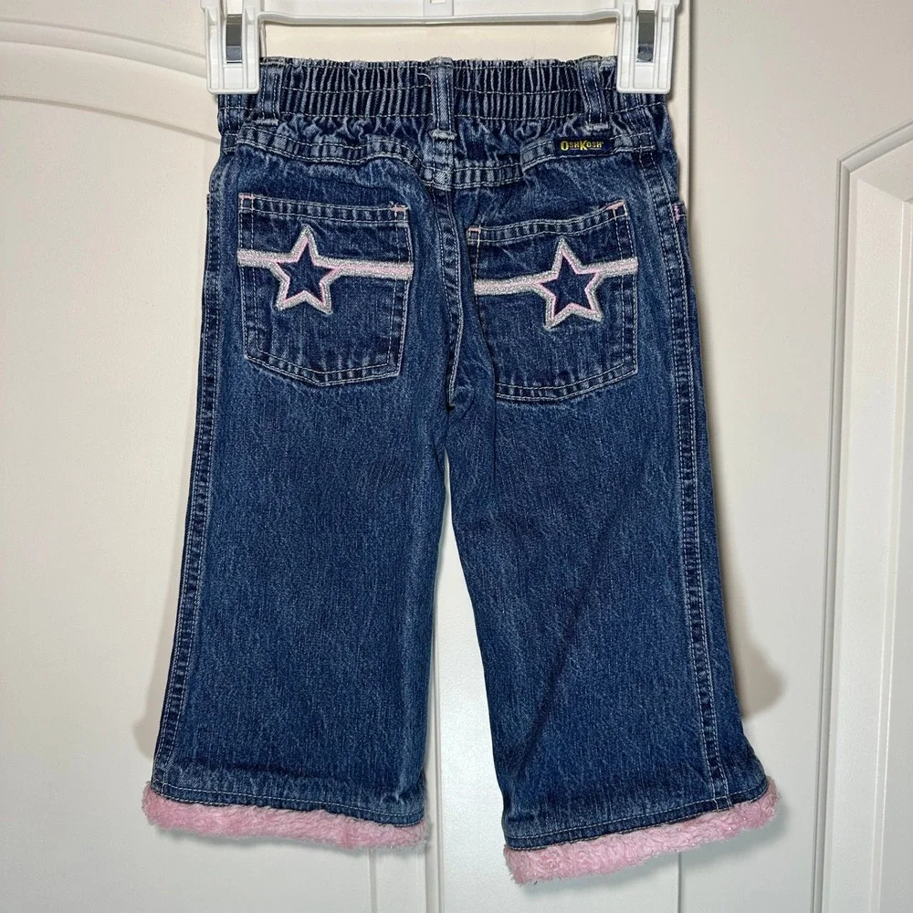 Vintage OshKosh B'gosh Toddler Girls Y2K Jeans 1T Pink Fuzzy‎ Hem Star Denim